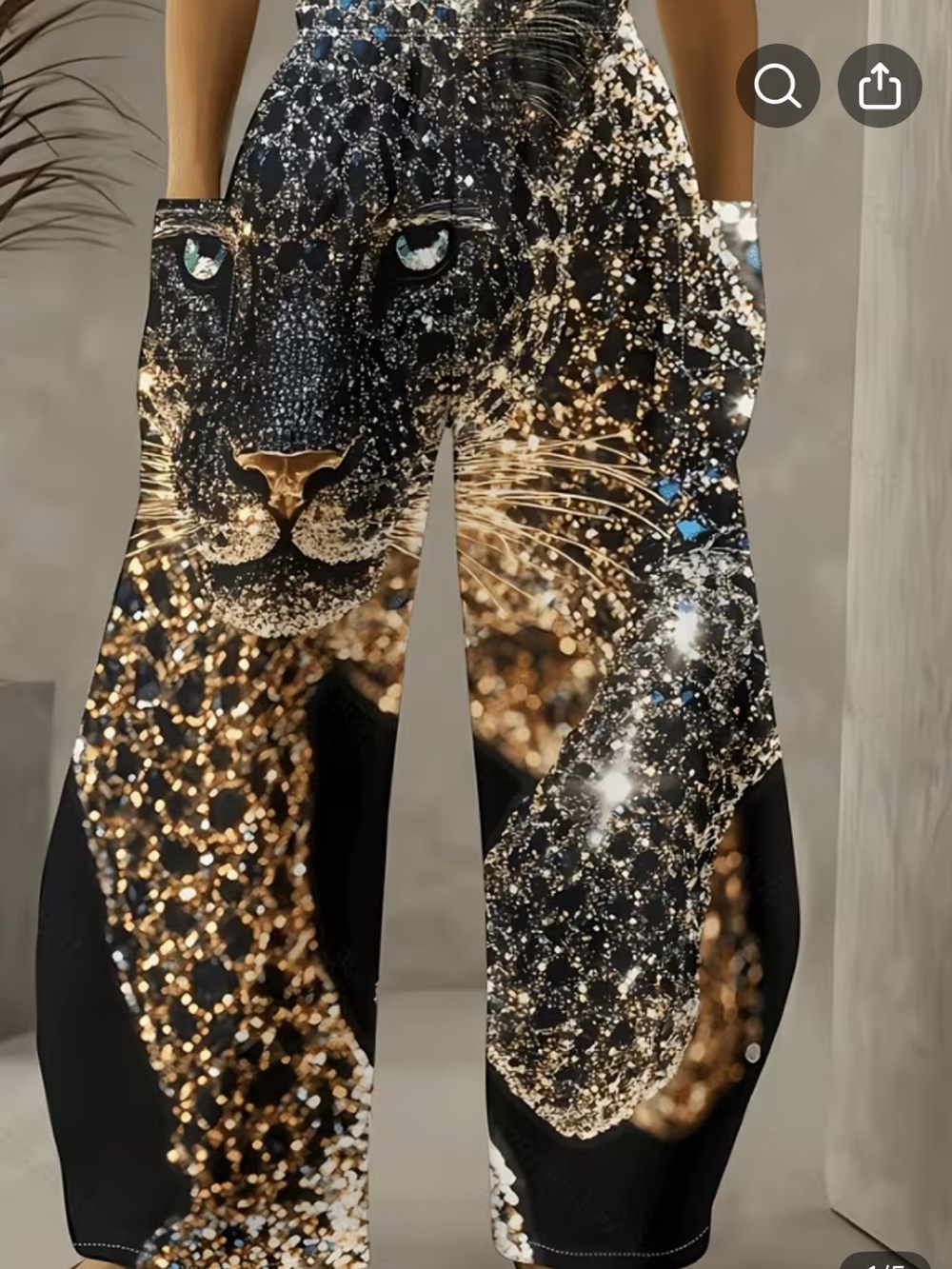 Golden Leopard Wide-Leg Pants - Black and Gold Sparkle Diamond